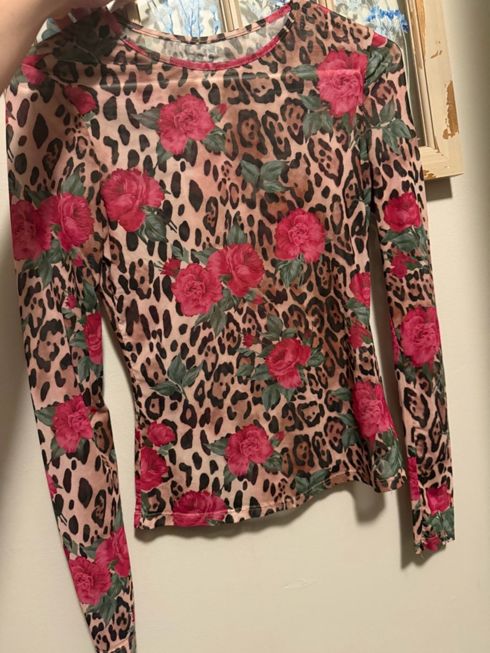 Floral Leopard Print Long-Sleeve Top - Pink / Red